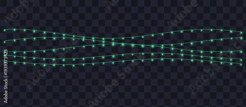 Vivid green fairy lights arranged in three wavy strands on a dark background
