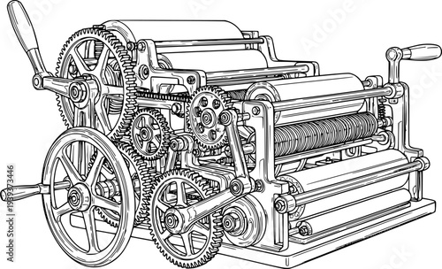 Detailed line drawing of a vintage printing press with intricate gears and rollers