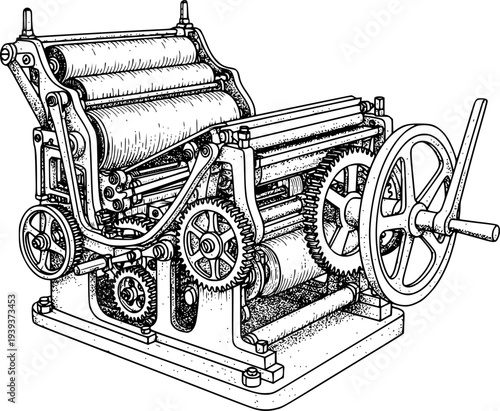 Detailed line drawing of a vintage printing press with intricate gears and rollers