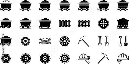 Essential mining and railway vector icons featuring various mine carts, track elements, wheels, and tools
