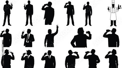 Wine tasting silhouettes with people holding glasses, suits, chef, professional evaluation, appreciation, celebration, social gathering, beverage, lifestyle, illustration design