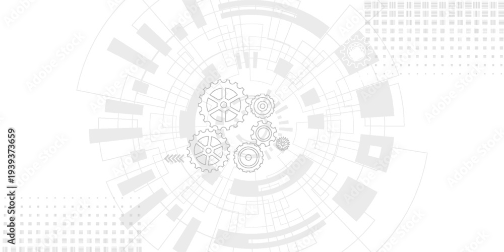 Fototapeta premium Modern abstract technology background featuring a circular digital interface design with geometric lines, grids, and radial elements in light gray tones on a white background
