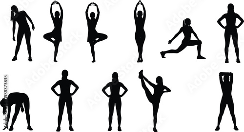 Yoga silhouettes collection with diverse stretching poses, balance and flexibility stances, vector illustration for fitness, wellness, exercise, lifestyle, and design themes