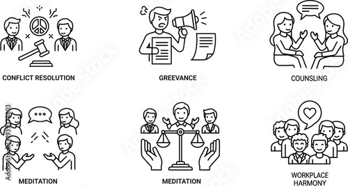 Six black and white line drawings depicting various business and communication scenarios