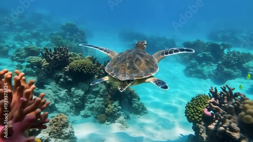 Sea turtle gracefully swimming underwater above coral reefs tropical marine life in clear turquoise water