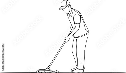 A continuous single line drawing depicts a male figure wearing a cap diligently mopping the floor