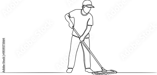 A continuous single line drawing depicts a male figure wearing a cap diligently mopping the floor