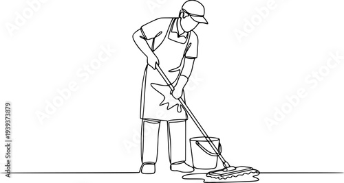 A continuous single line drawing depicts a male figure wearing a cap diligently mopping the floor