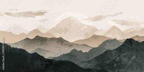 A breathtaking winter landscape of snow covered mountains and misty peaks under a blue sunset sky with a forest silhouette across the valley dawn