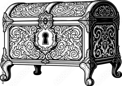 Ornate decorative treasure chest with intricate scrollwork, a prominent keyhole, and elegant feet