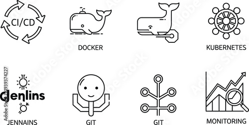 A collection of 7 black and white icons with various symbols and text