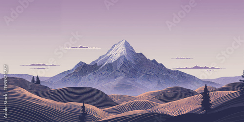 Snowy alpine peaks glow under a vibrant sunset sky in this scenic winter mountain landscape panorama with cold high valleys and rocky hills