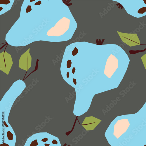 Seamless pattern with pear on color background. Natural delicious fresh ripe tasty fruit. Sweet pears with leaves. Food concept. Vector illustration for print, fabric, textile.