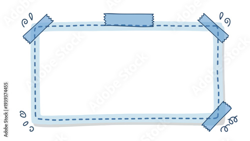 A blue dashed line rectangle with masking tape on corners and top on a white background.