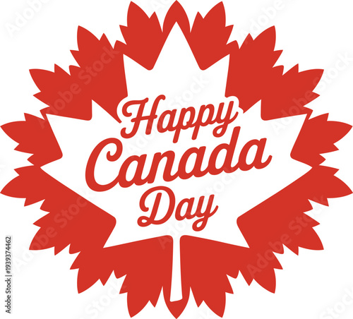 Happy Canada Day celebration with red maple leaf and text on transparent background