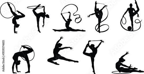 Black silhouettes of rhythmic gymnasts performing poses with hoops and ribbons, dynamic balance and flexibility icons isolated on white background
