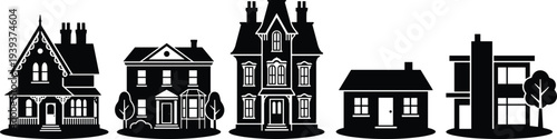 Vector house silhouettes set featuring Victorian mansion suburban home log cabin and modern villa icons for real estate property and residential architecture design