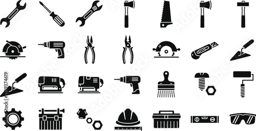 Vector collection of construction hand tools and power equipment icons featuring wrenches, drills, saws, and safety gear isolated on white background