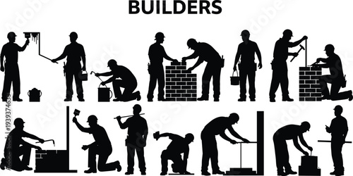 Vector collection of construction silhouettes, builder icons, industrial tools, business management symbols, manual labor workers, architectural plans, and heavy machinery equipment