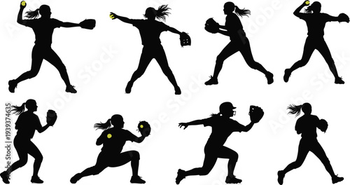 Black silhouettes of softball player pitching sequence, dynamic motion poses with glove and ball, sports training icons isolated on white background
