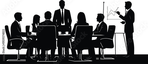 Business meeting silhouettes with conference table, presenter showing chart vector illustration for teamwork, collaboration, corporate strategy, communication