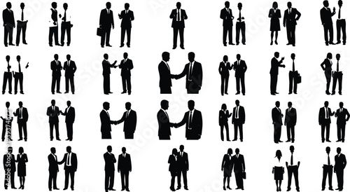 Business people silhouettes in formal attire shaking hands, talking, gesturing vector illustration for corporate communication, teamwork, meeting, design