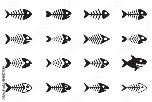 Collection of Fish Skeleton Icons - Vector Illustration of Marine Animal Bones for Halloween, Science, and Underwater Themes
