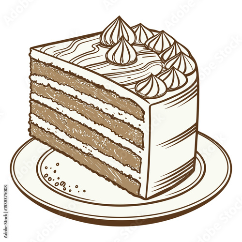 Cake Slice Plate Cream Layers Engraving Style Illustration Transparent Background