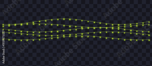 Wavy strings of bright green glowing party lights illuminate a dark