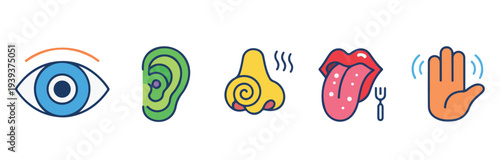 Five Human Senses Icon Set Including Sight Hearing Smell Taste And Touch