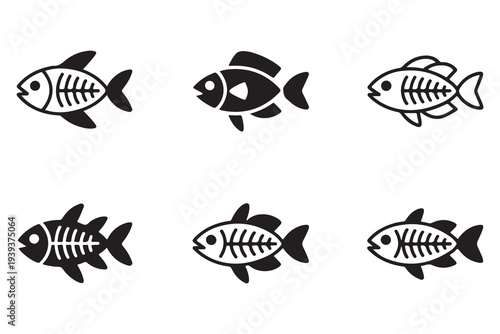 Set of fish skeleton icons with different fin shapes. Vector illustration of fish bones in outline and solid styles.