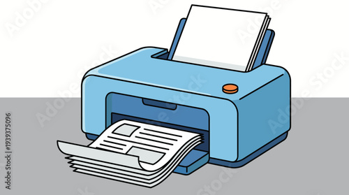An illustration of a blue printer efficiently printing documents, symbolizing productivity and reliability in the modern office environment for all your printing needs.