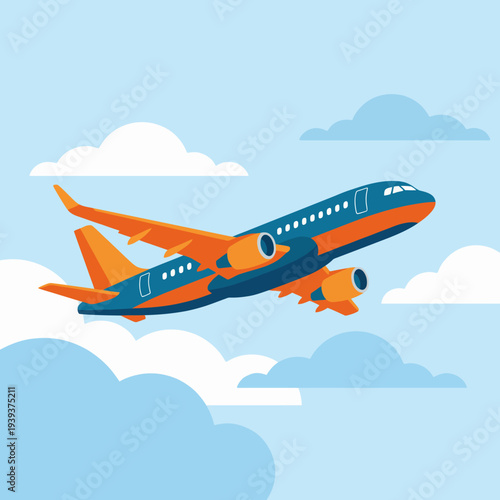 This vibrant illustration captures a sleek airplane soaring gracefully through soft, fluffy clouds against a bright blue sky, symbolizing adventure and travel.