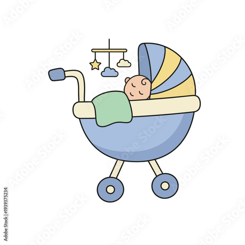 This delightful illustration presents a baby crib with a charming mobile, evoking feelings of innocence and joy, perfect for products related to childcare, parenting and nursery decor.