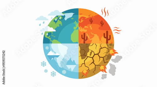 This image depicts the four seasons of Earth in a colorful split design, emphasizing climate change and its various impacts like droughts, floods, and snow-covered landscapes.