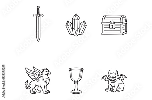 Fantasy icons depict a sword treasure and mythical creatures