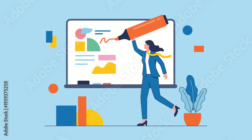 A professional illustration of a businesswoman presenting data on a large board, emphasizing the importance of effective communication in corporate environments and presentations.