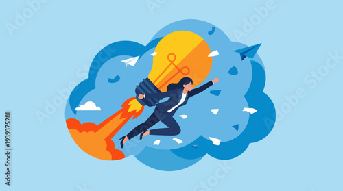 In this dynamic illustration, a business professional uses a rocketpack to propel themselves into the sky, symbolizing ambition, innovation, and the thrill of achievement.
