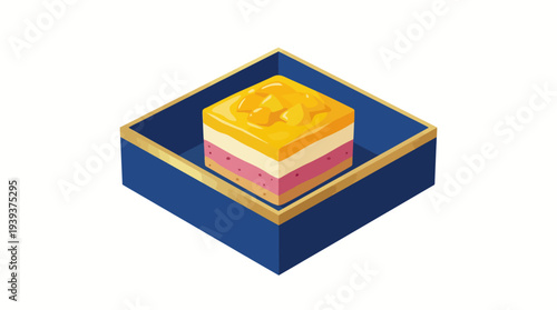 A delectable illustration of a layered dessert in golden packaging showcasing vibrant colors of yellow, pink, and orange, enticing viewers to indulge in its sweetness.
