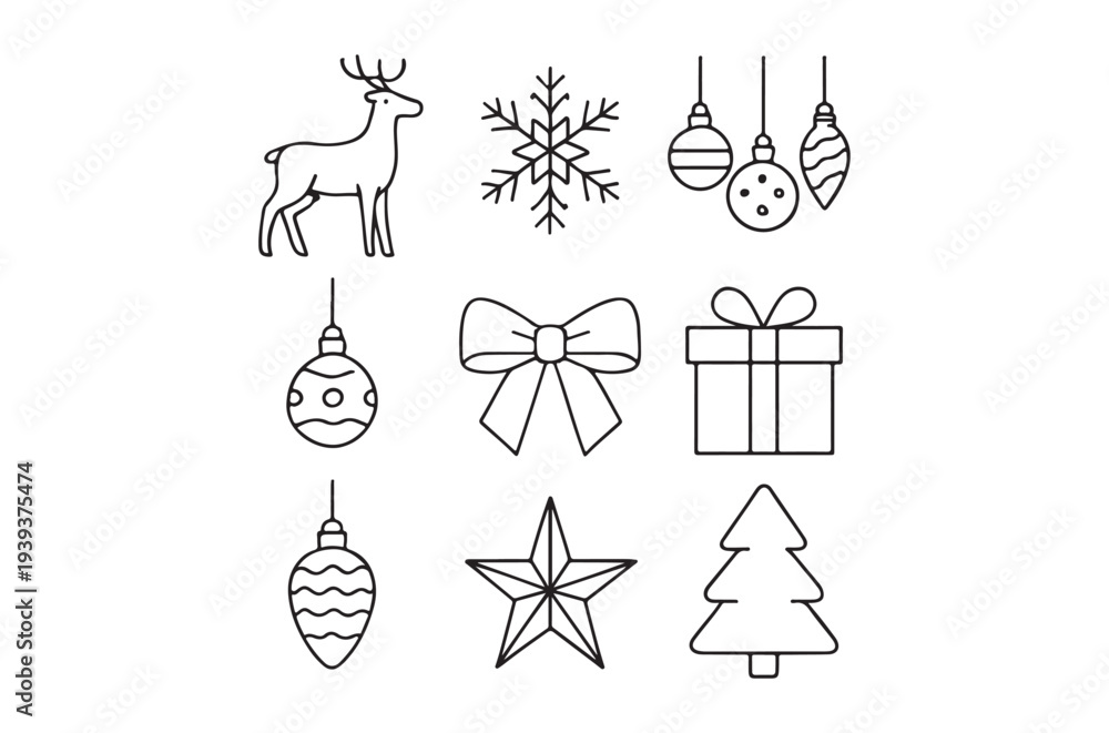 Fototapeta premium Minimalist black and white line art of winter holiday decorations