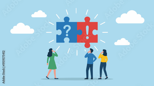 This vibrant artwork illustrates three individuals contemplating puzzle pieces, symbolizing the connection of ideas, problem-solving, and collaborative efforts in creativity.