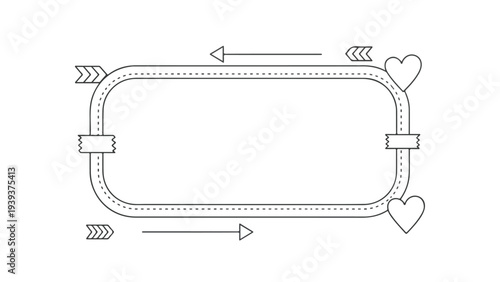 Black and white illustration of a dotted line border with arrows and hearts on a plain white background.