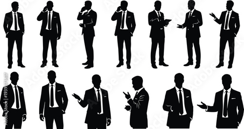 Businessman silhouettes in professional poses, corporate people with gestures, office communication illustration, executive vector, business suit men silhouettes