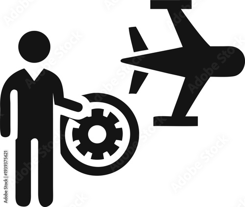 Person holding a mechanical gear next to an airplane representing aviation engineering or maintenance