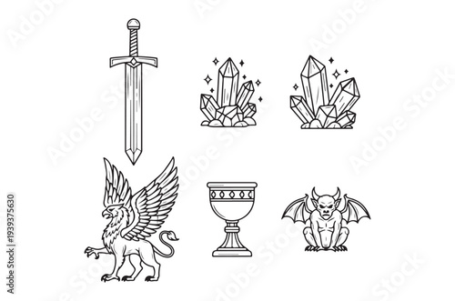 Fantasy elements sword crystals griffin chalice and demonic creature