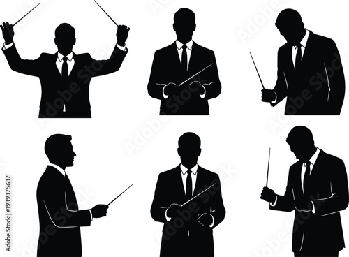 Businessmen silhouettes conducting orchestra with batons, music leadership illustration, conductor poses, teamwork concept, classical performance, vector art design