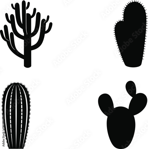 Cactus silhouettes featuring saguaro, prickly pear, paddle and cylindrical forms, desert plant vector illustration for nature, botany, gardening, decoration, environment