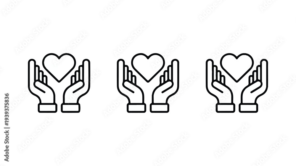 Obraz premium Three sets of hands cradling hearts in a linear graphic style
