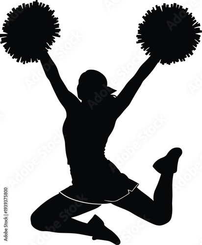 Cheerleader silhouette jumping with pom-poms raised, energetic pose illustration, sports spirit concept, dance performance, athletic enthusiasm, cheerleading art