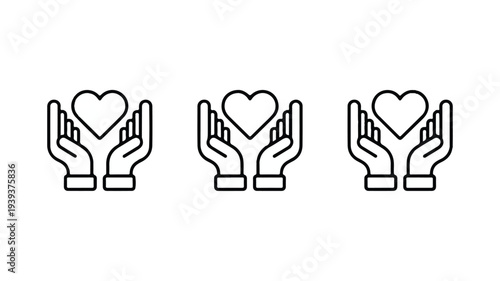 Three sets of hands cradling hearts in a linear graphic style